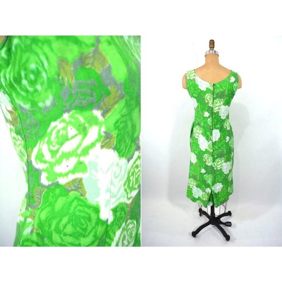 Vintage 1960s Roses Dress Bright Green Floral Print Shift | W 30" - Picture 4 of 5